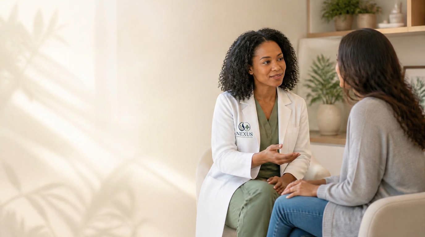 Nurse practitioner talking with a seated patient in a sunlit clinic room